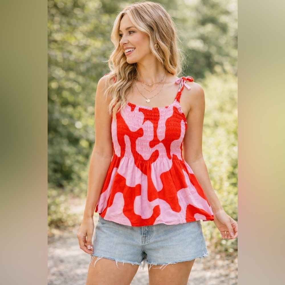 Ava & Viv Pink Red Abstract Smocked Babydoll Tank Top Plus 1X Cotton